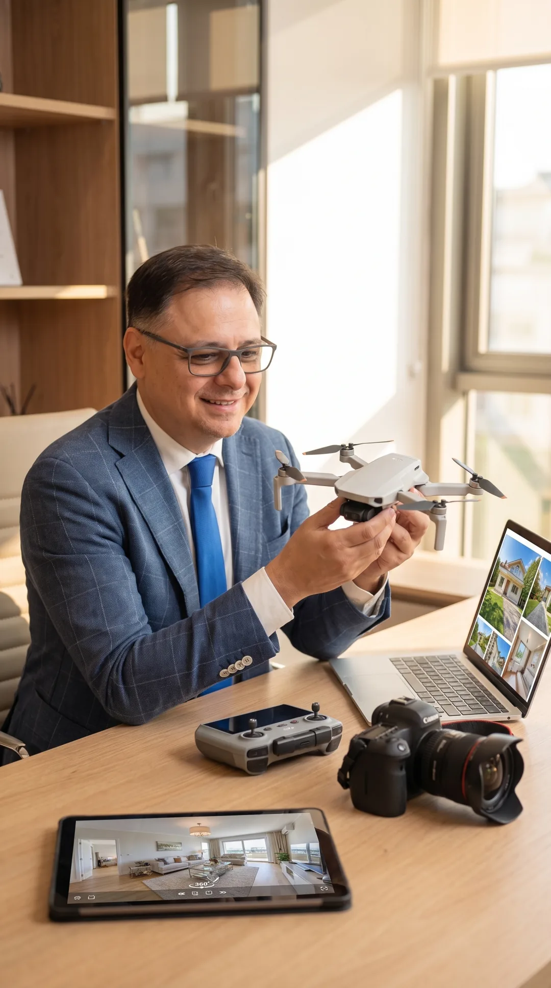 Giuseppe Corapi alla sua scrivania con il drone in mano, la fotocamera e il computer con le foto di una casa