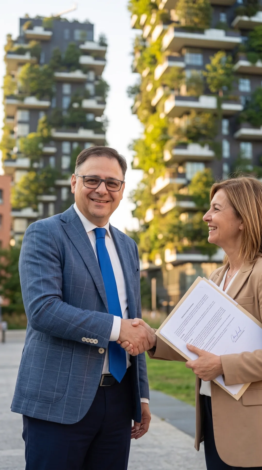 Giuseppe Corapi stringe la mano a una cliente soddisfatta dopo il rogito, con il Bosco Verticale sullo sfondo