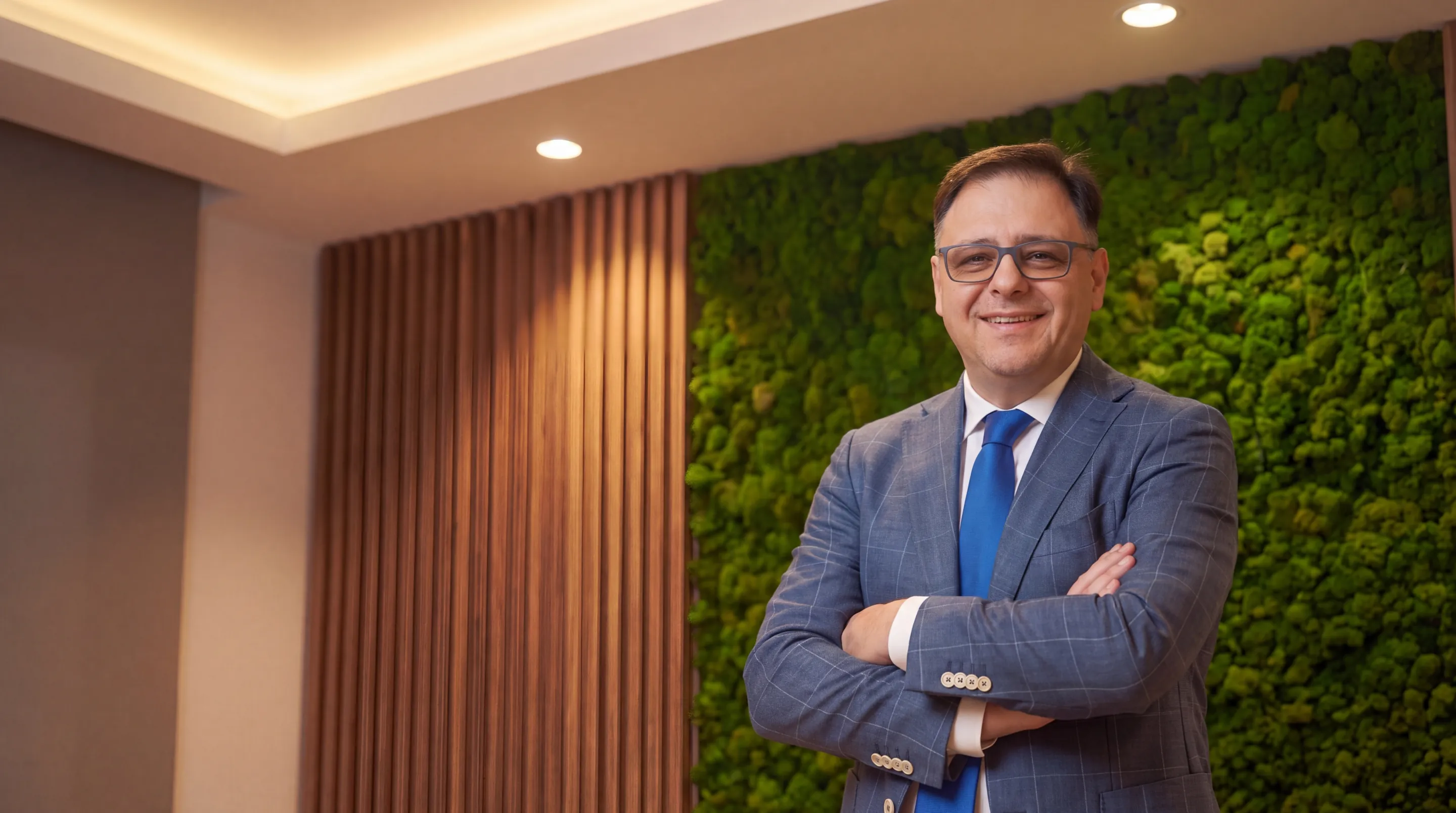 Giuseppe Corapi, agente immobiliare, a braccia conserte nel suo ufficio