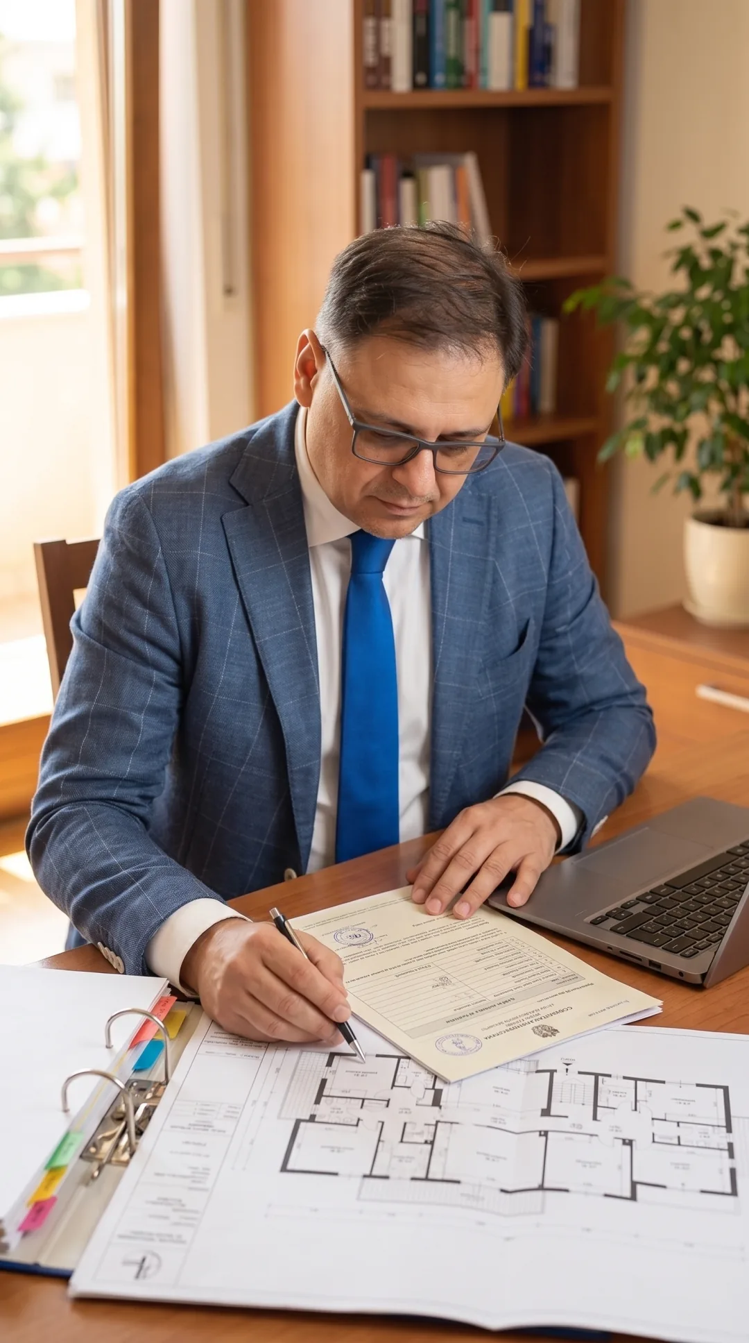 Giuseppe Corapi alla scrivania controlla la planimetria e i documenti di una casa in vendita