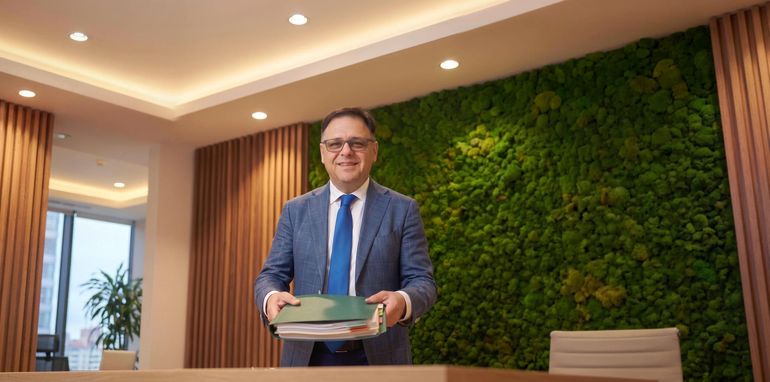 Giuseppe Corapi nel suo ufficio porge la cartella con i documenti per vendere casa